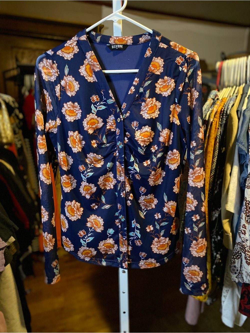 BTFBM Floral V-Neck Long Sleeve Blouse in Navy and Orange